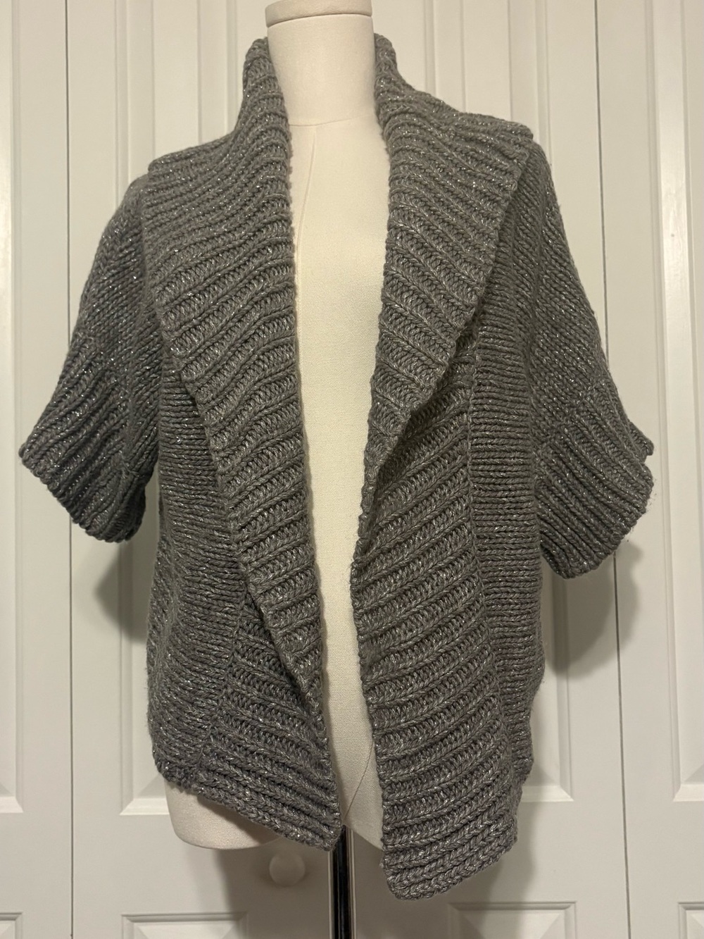 a.n.a Gray Knit Open-Front Short-Sleeve Cardigan with Silver Metallic Threads